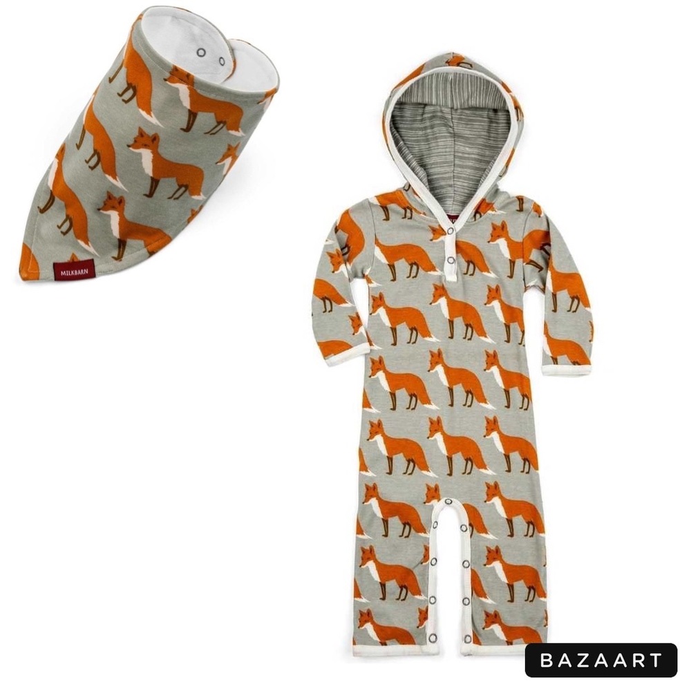Orange Fox Organic Romper and Kerchief Bib- Milkbarn